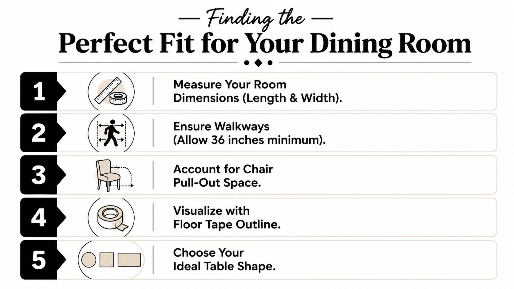An infographic titled Finding the Perfect Fit for Your Dining Room with five numbered steps for choosing furniture.