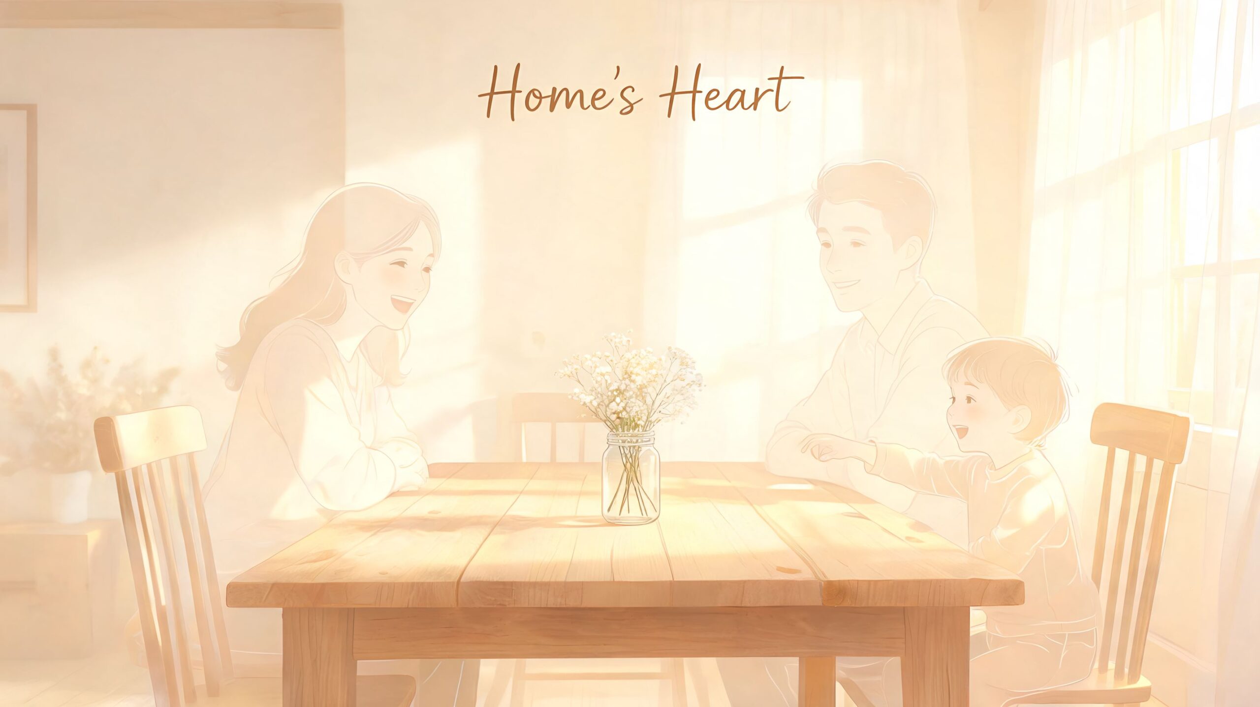 A warm, sunlit illustration of a happy family sitting at a wooden farmhouse dining table together.