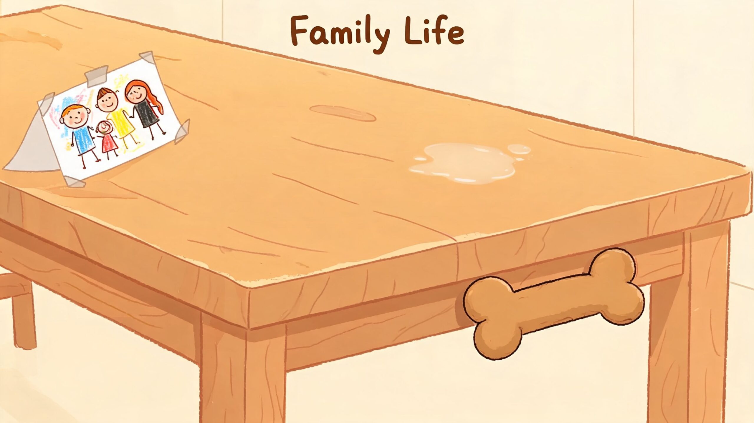 A wooden table featuring a drawing of a family, a water spill, and a bone-shaped handle.