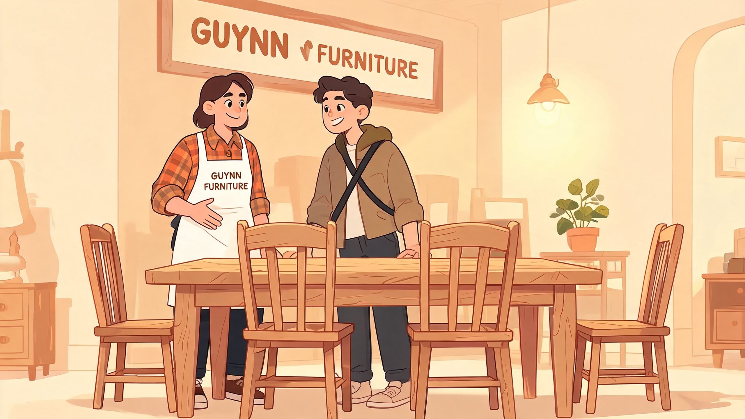 A friendly furniture store owner showing a wooden farmhouse dining table set to a young customer.