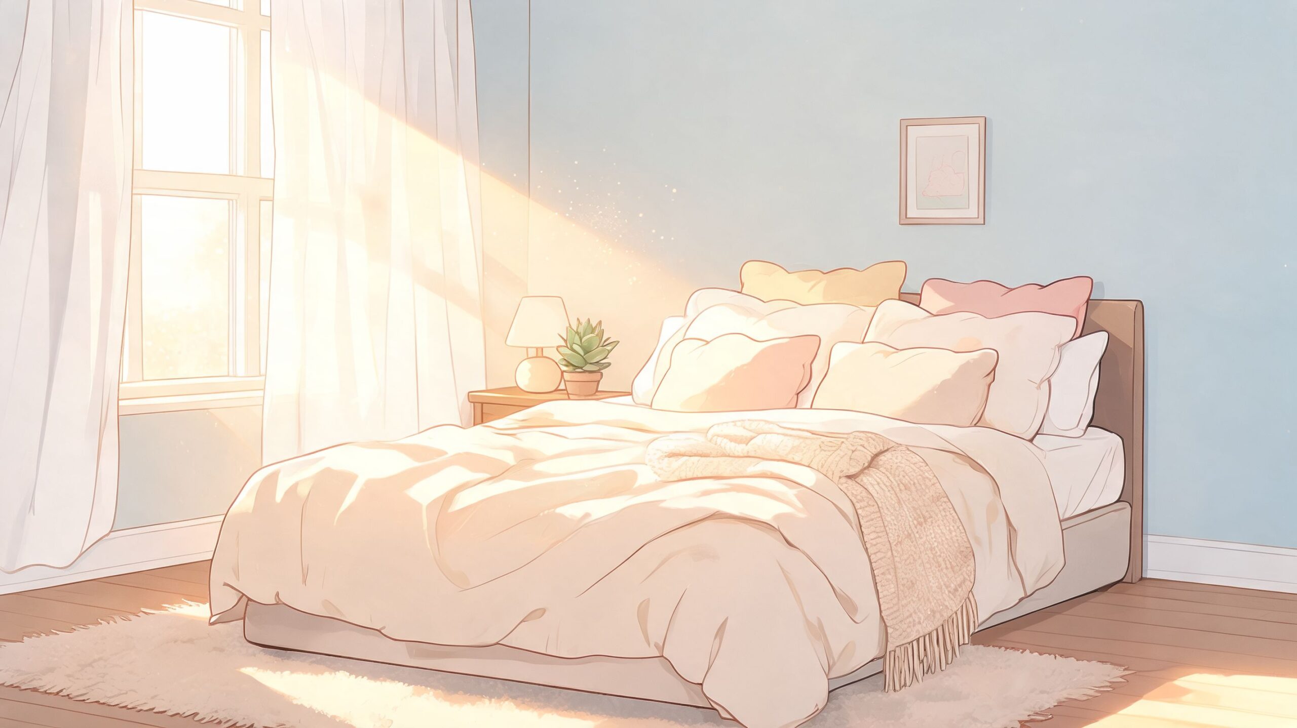 A cozy, sunlit bedroom with a neatly made bed and soft blankets, creating a peaceful living space.
