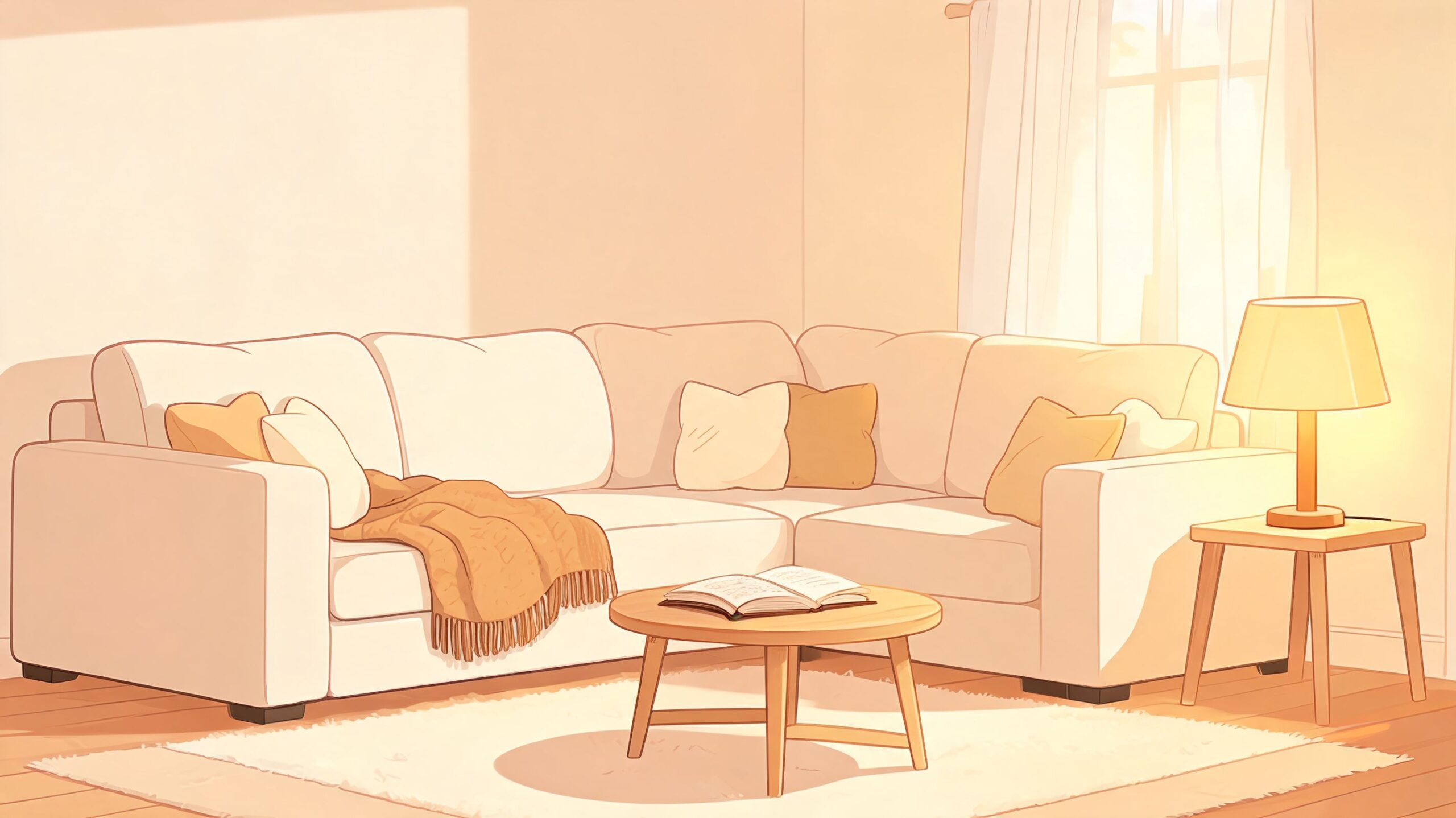 A cozy, sunlit living room featuring a comfortable sectional sofa, a coffee table with a book, and a side lamp.