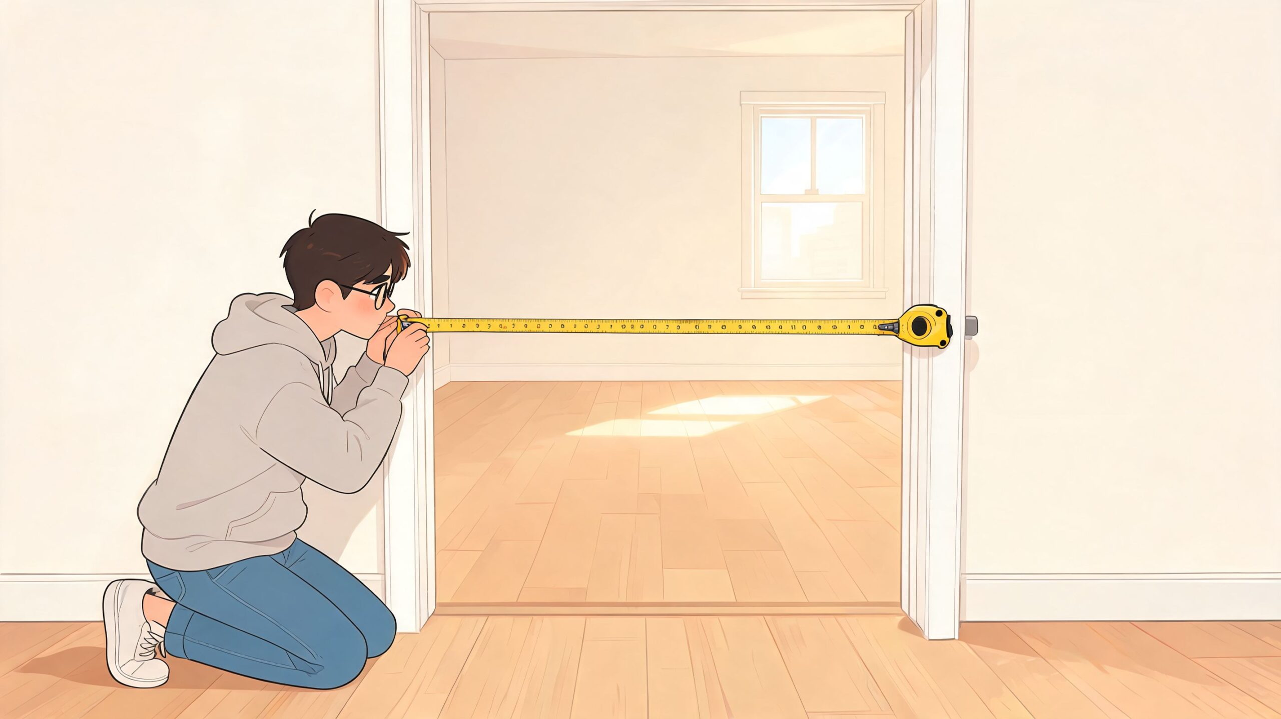 A young person kneeling and using a yellow measuring tape to check the width of a doorway.