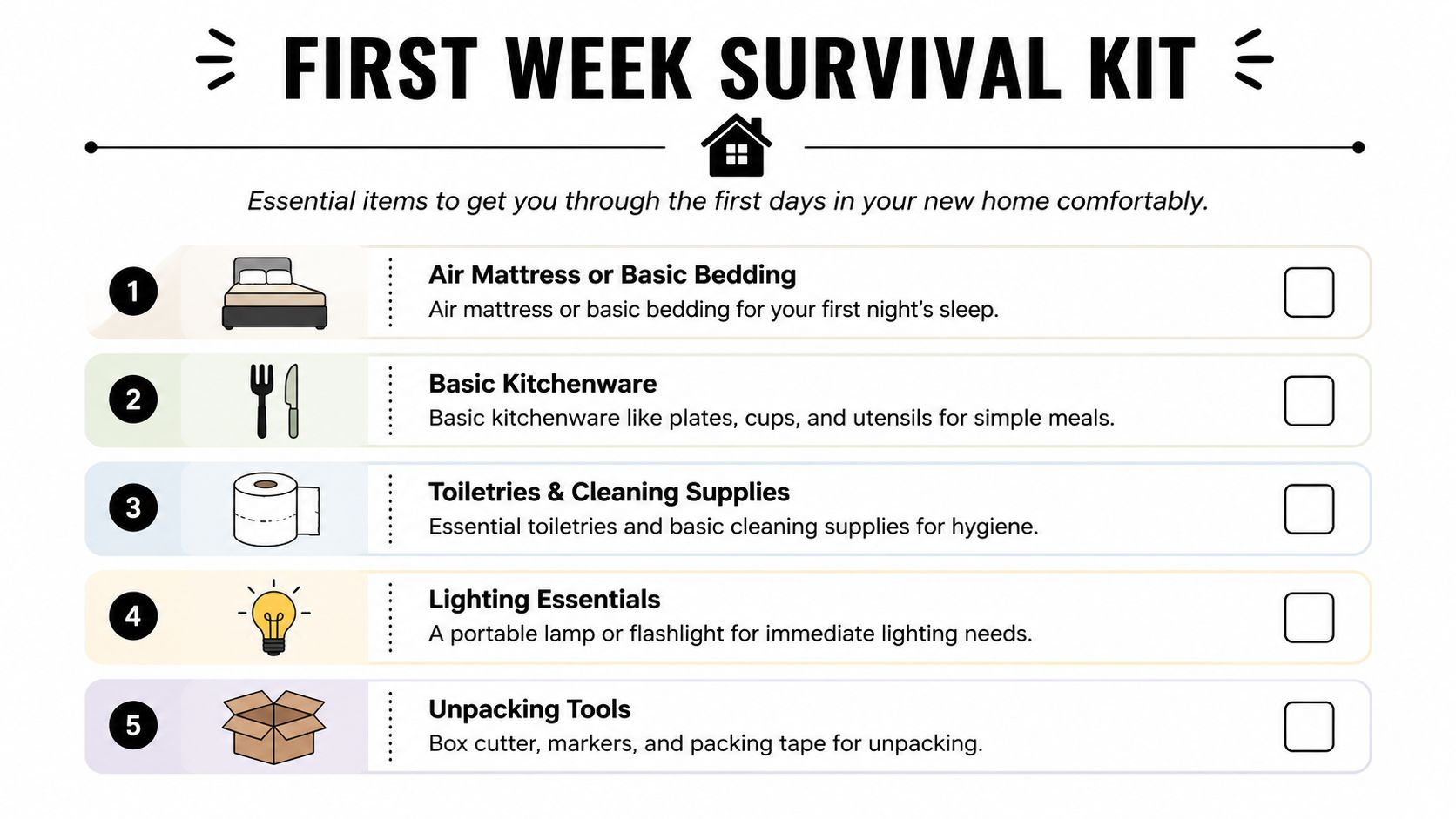 A checklist for first home essentials including bedding, kitchenware, toiletries, lighting, and unpacking tools for new homeowners.