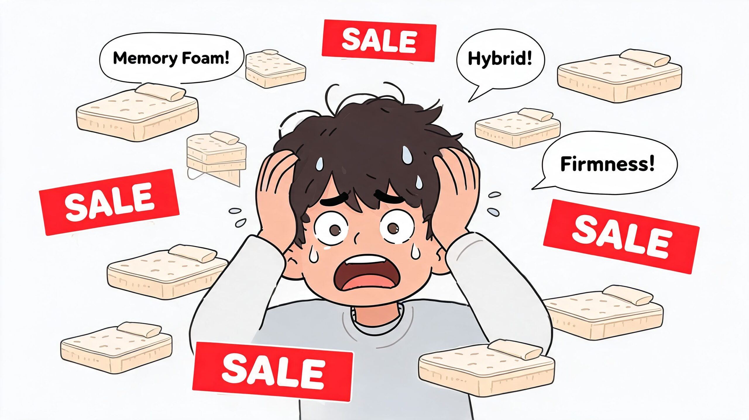 A cartoon person looking overwhelmed by numerous mattress options and red sale signs while shopping.