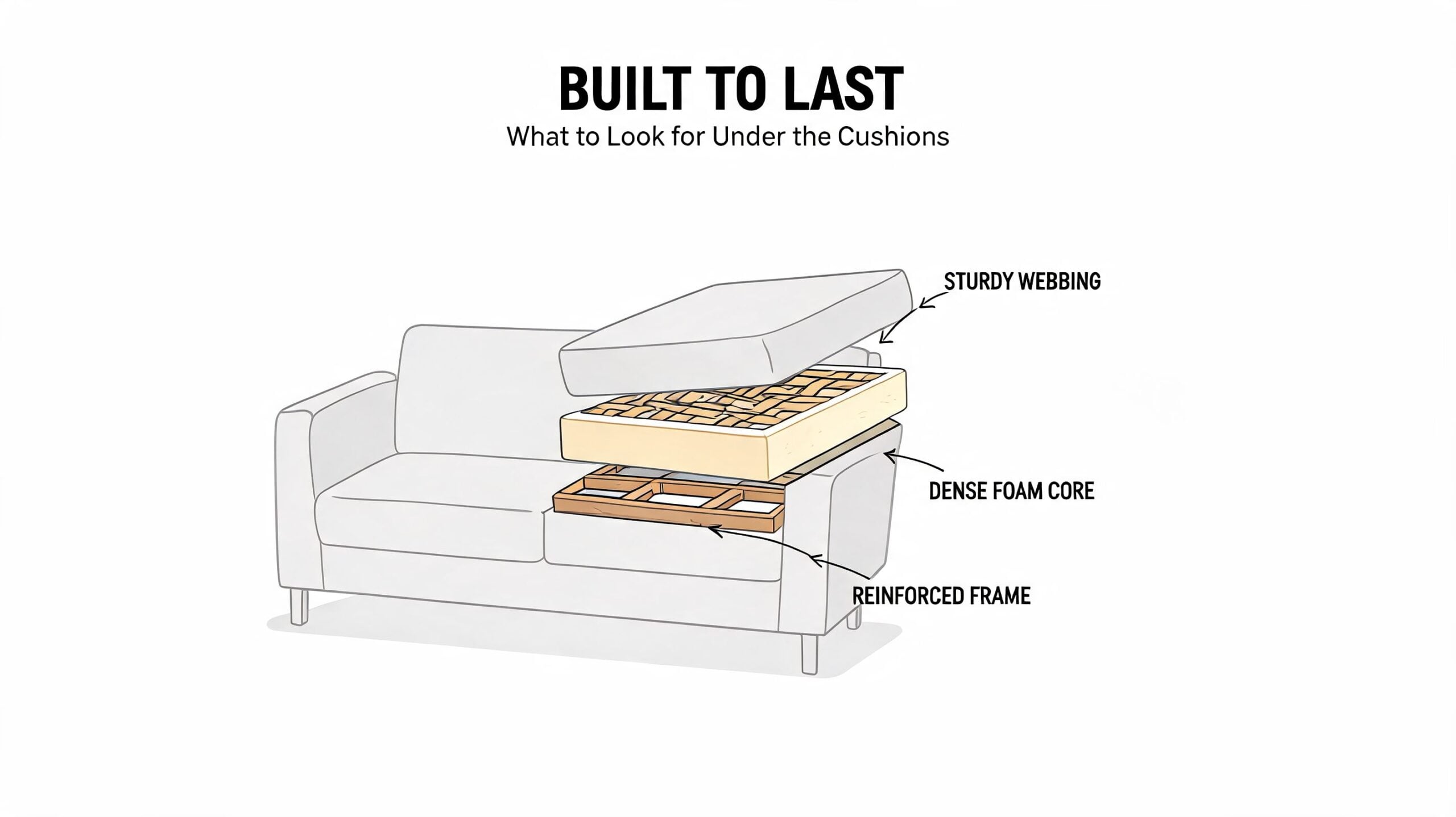 A diagram of a couch cushion lifted to show the sturdy webbing, dense foam core, and reinforced frame.