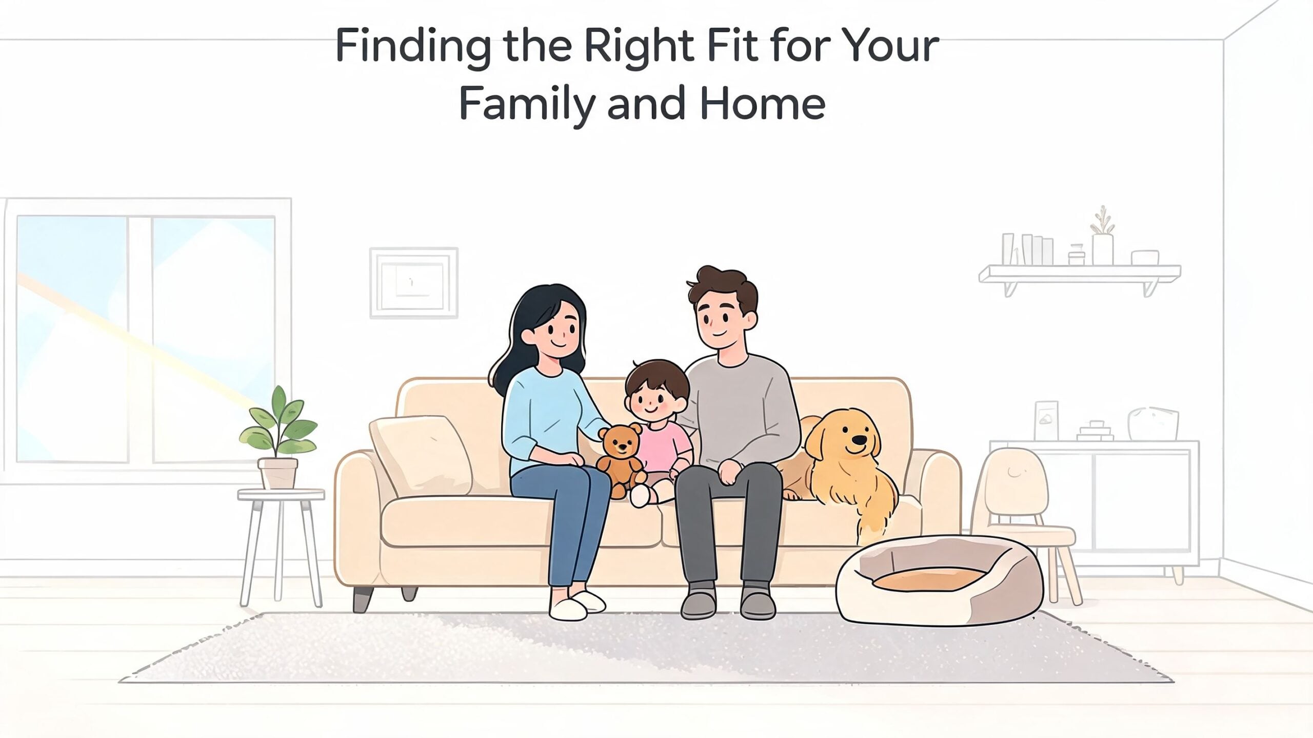 A happy family sitting on a comfortable beige sofa with their dog in a bright modern living room.