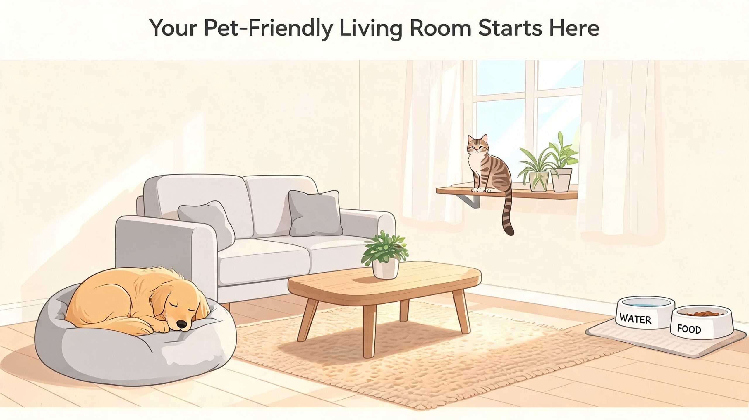 A cozy pet-friendly living room featuring a golden retriever sleeping in a bed and a cat on a window shelf.