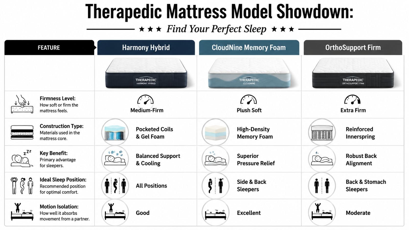 A comparison chart of three Therapedic mattress models showing firmness, construction, key benefits, and sleep positions.