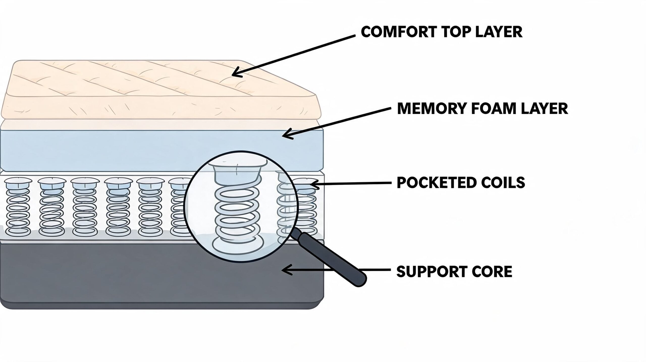 A diagram illustrating the layered construction of a mattress, including the comfort layer, memory foam, and pocketed coils.