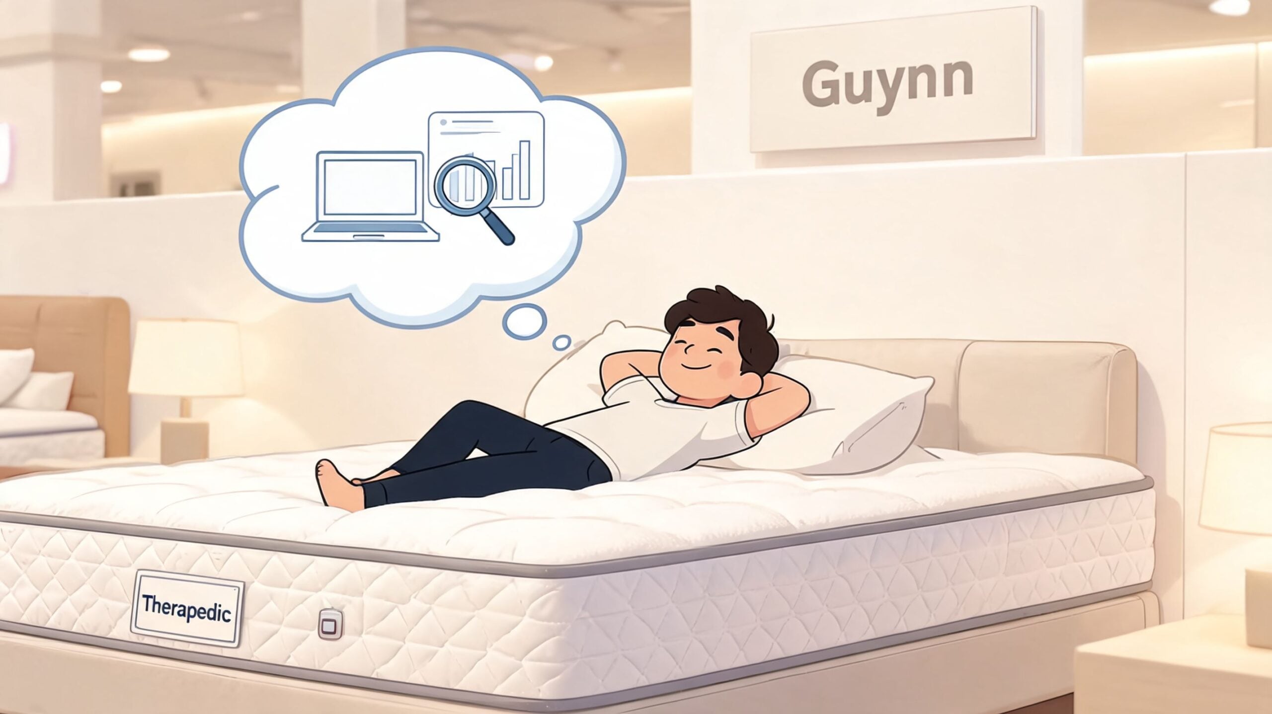 A happy cartoon man relaxing on a Therapedic mattress while thinking about researching laptop computer information.