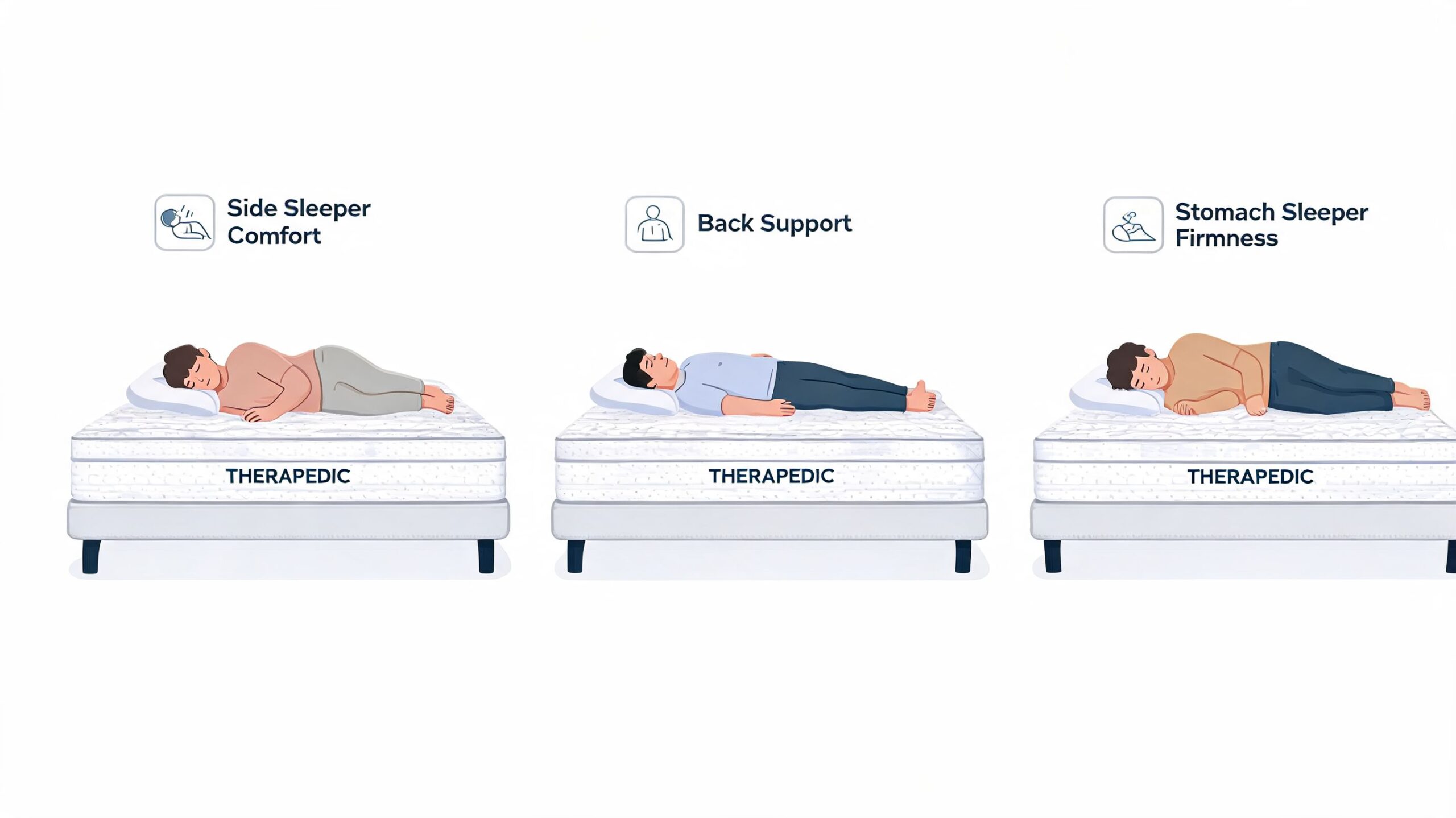 A diagram demonstrating Therapedic mattress suitability for side, back, and stomach sleeping positions with labeled icons.