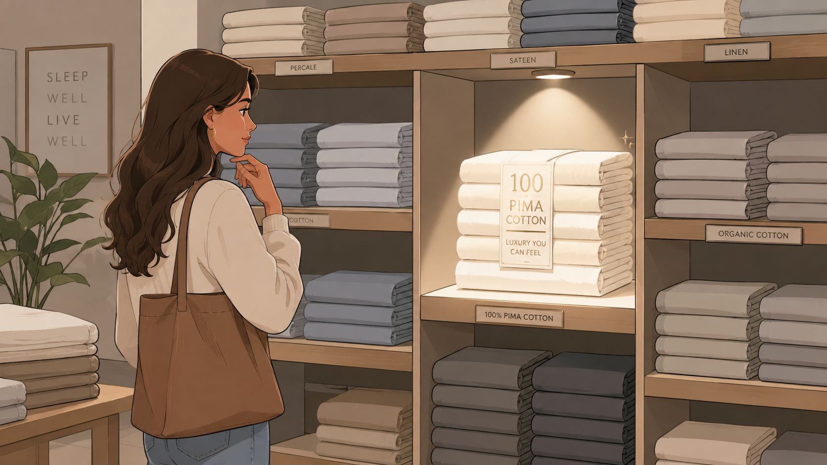 A young woman shopping for luxurious white Pima cotton bed sheets in a retail store bedding display.