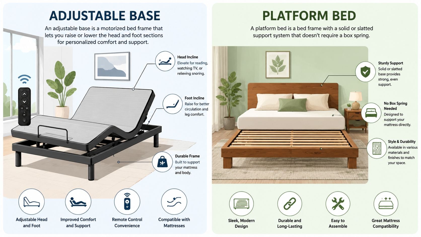 A comparative infographic showing features and benefits of an adjustable bed base versus a wooden platform bed.