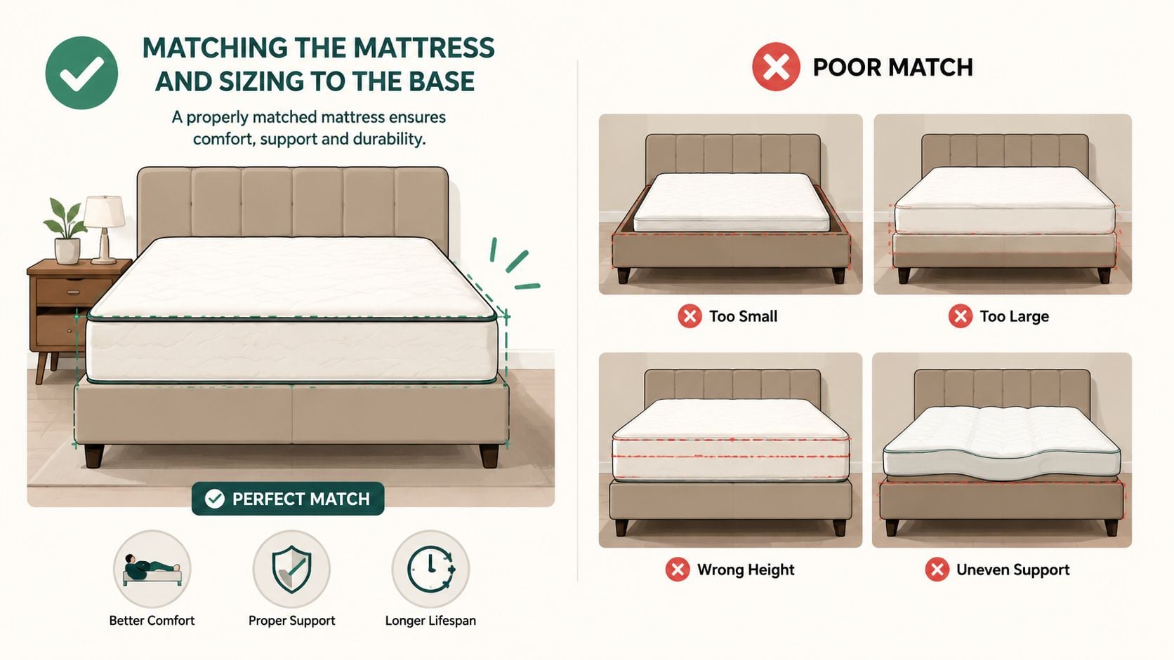 A diagram comparing proper and improper mattress sizing on a platform bed base for better comfort and support.