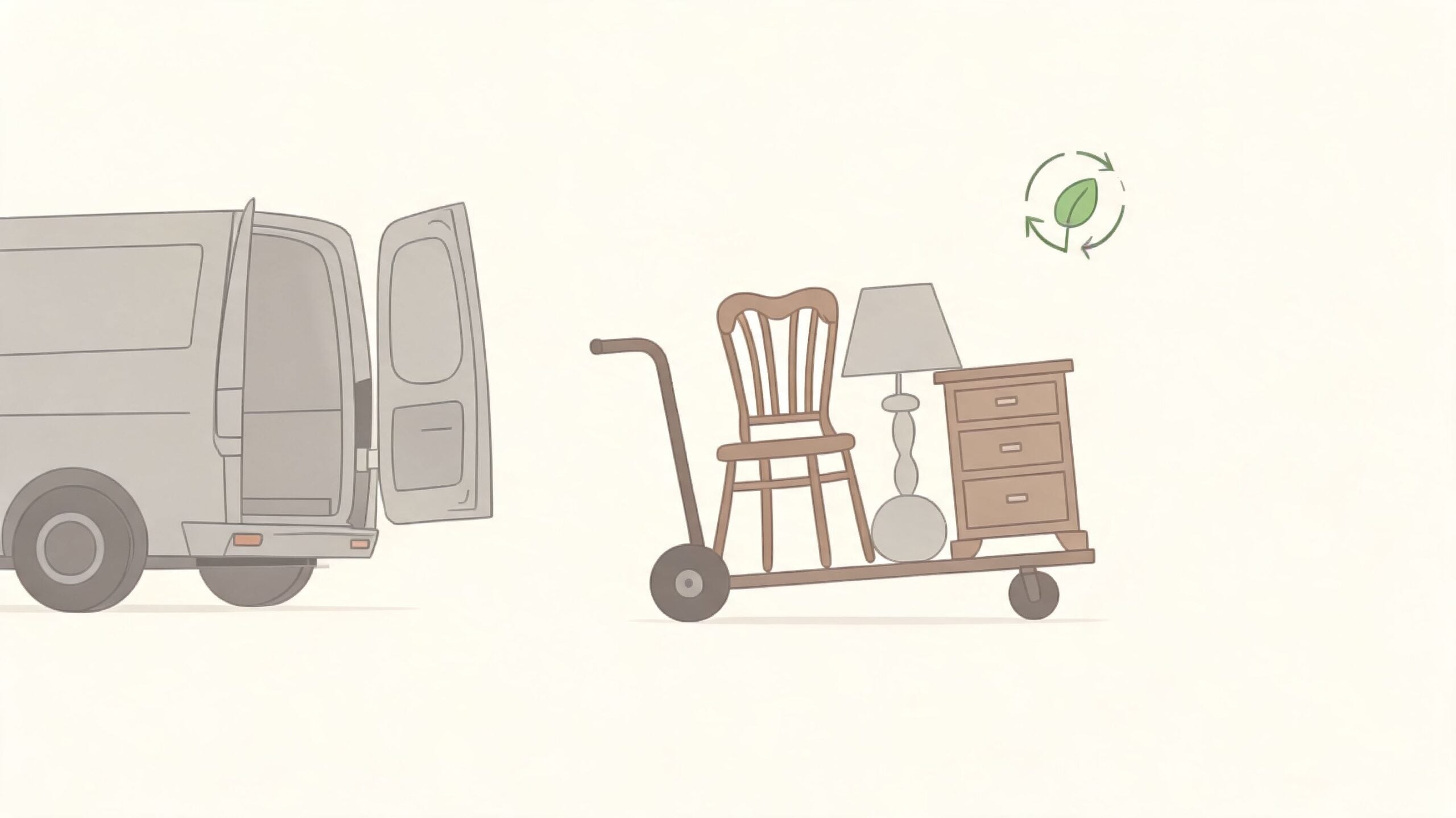 A hand truck carrying a wooden chair, a lamp, and a small dresser towards a delivery van.