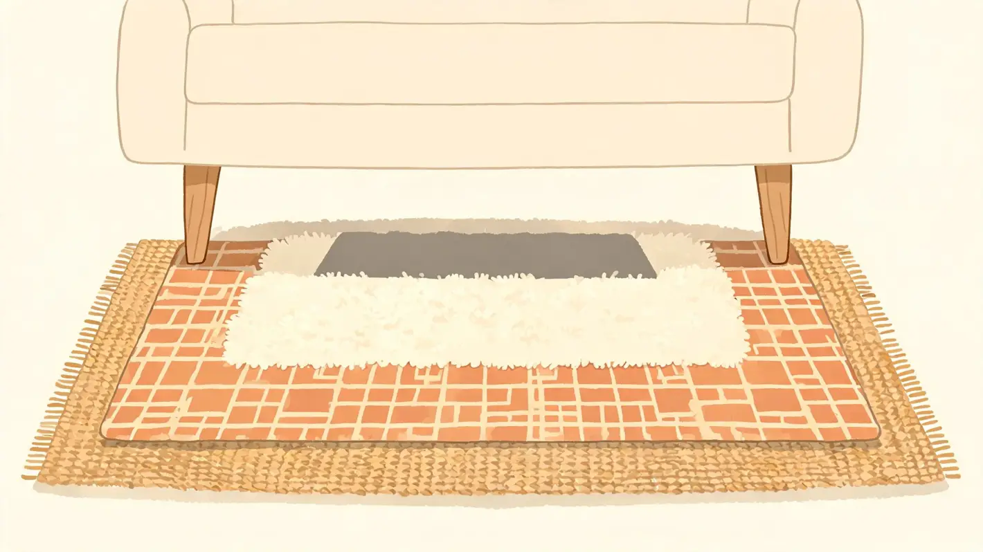 A stylish sofa resting on layered area rugs in a modern living room setting.