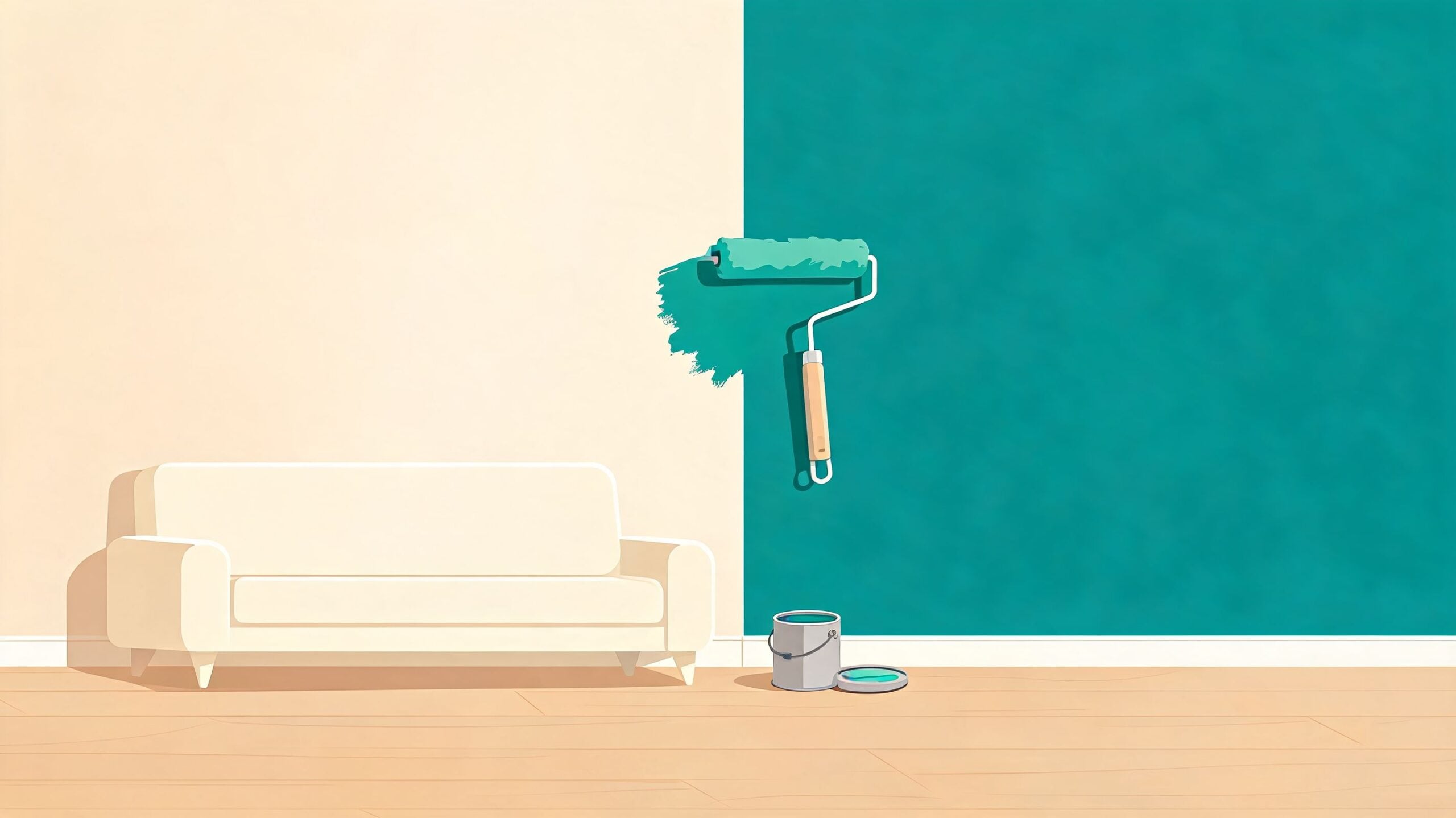 A minimalist illustration of a white couch in a room being painted teal with a roller.
