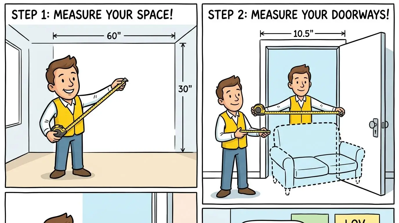 A cartoon illustration showing a person measuring room space and a doorway for placing a loveseat furniture.