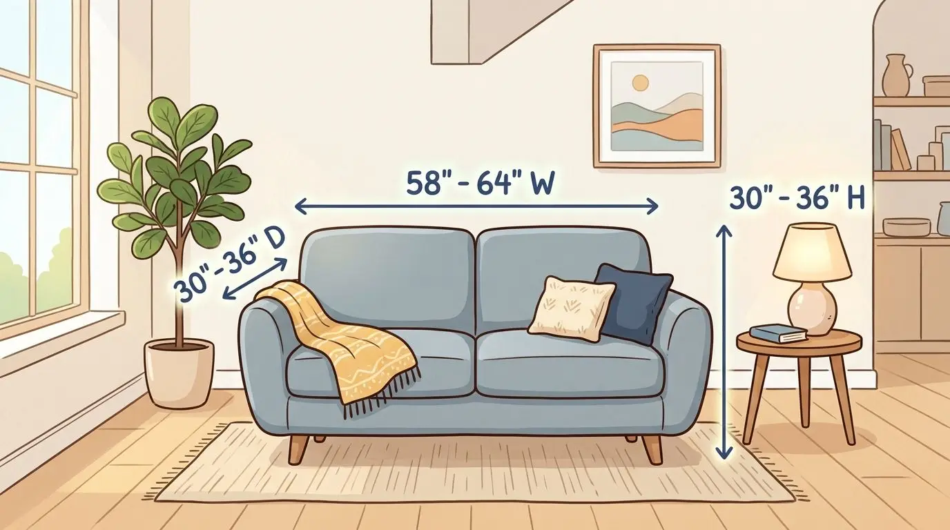 An illustrated diagram showing the standard width, depth, and height measurements for a two-seater loveseat.