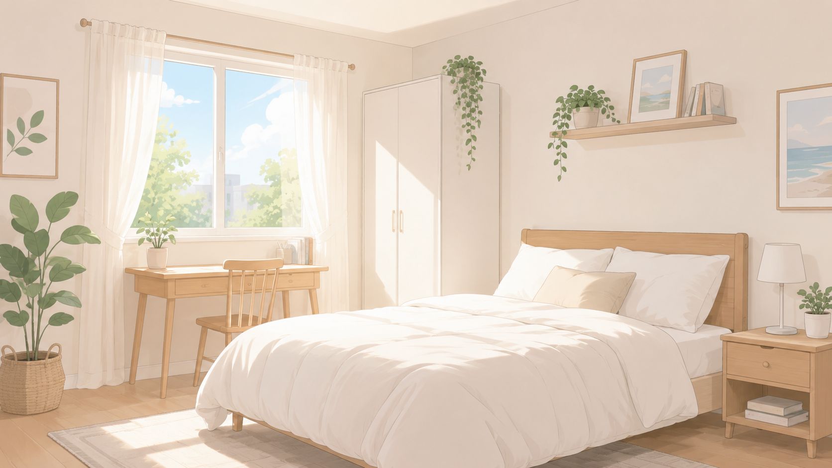 A cozy, sunlit bedroom with a wooden bed, a minimalist desk, and lush green plants in natural light.