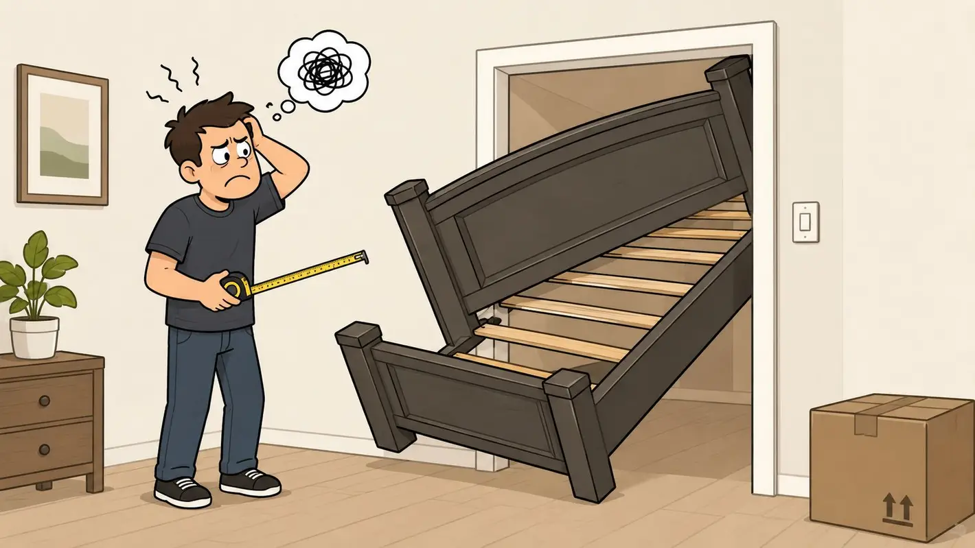 A frustrated man holding a tape measure while struggling to fit a bed frame through a doorway.