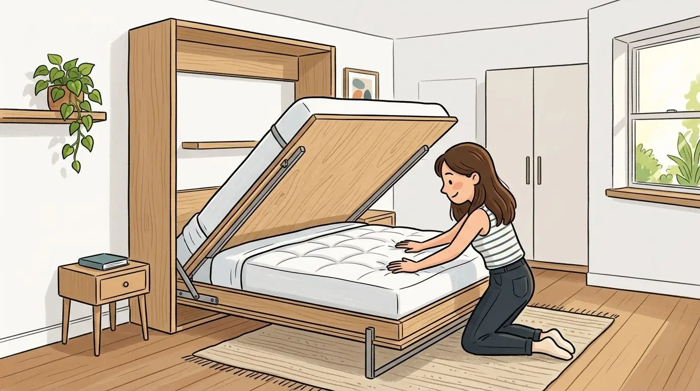A woman kneeling on a rug while setting up a stylish modern Murphy bed in a small room.