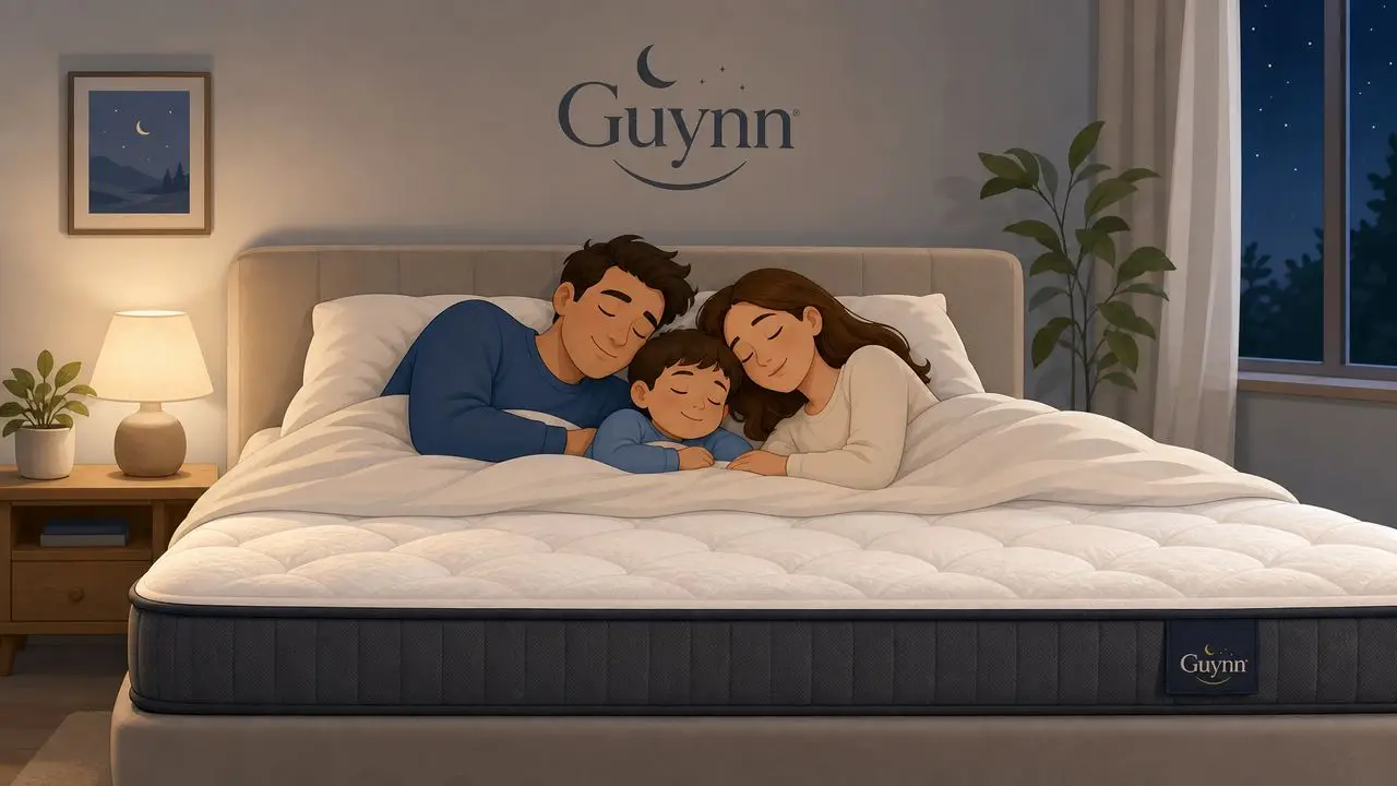 A family consisting of a father, mother, and young child sleeping peacefully on a comfortable mattress.