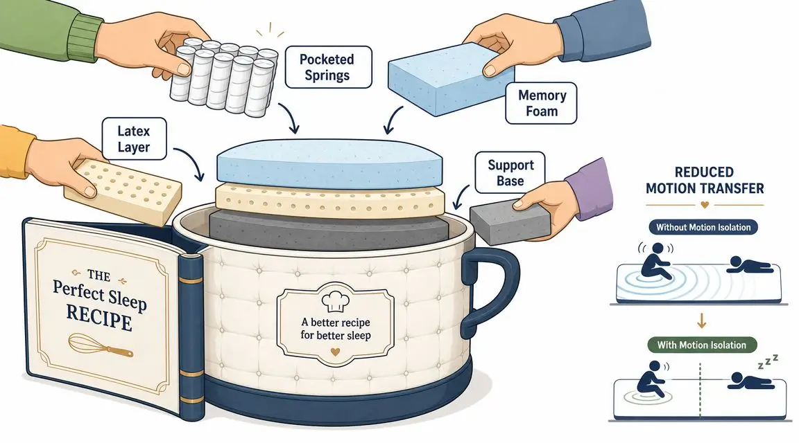 An illustration showing various mattress materials being combined like a recipe to create a mattress with motion isolation.
