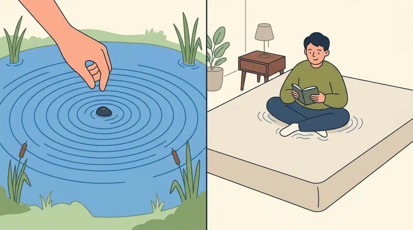 A split image showing a rock creating ripples in a pond and a man on a mattress.