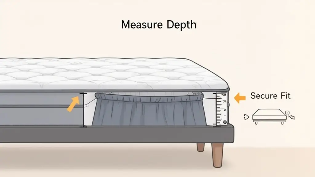 Illustration demonstrating how to measure mattress depth for a secure fit with a ruler.
