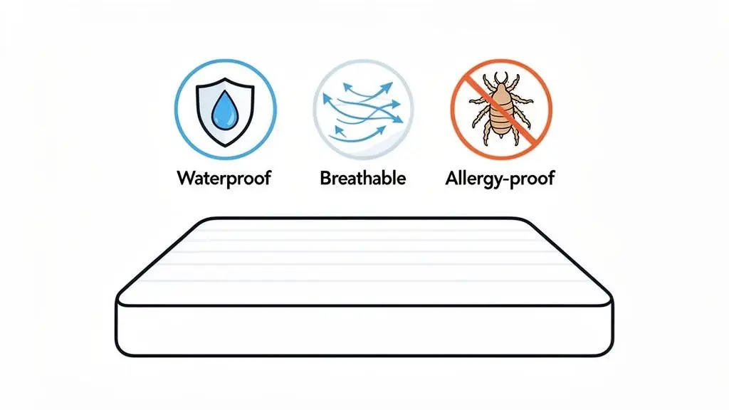 An illustration of a mattress highlighting its waterproof, breathable, and allergy-proof features.