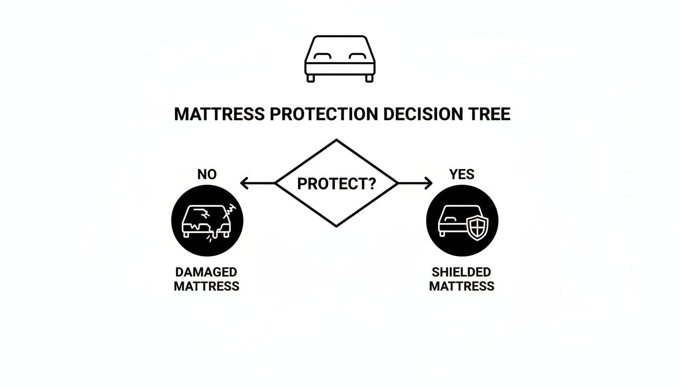 A decision tree flowchart illustrating mattress protection, showing options for a damaged versus a shielded mattress.