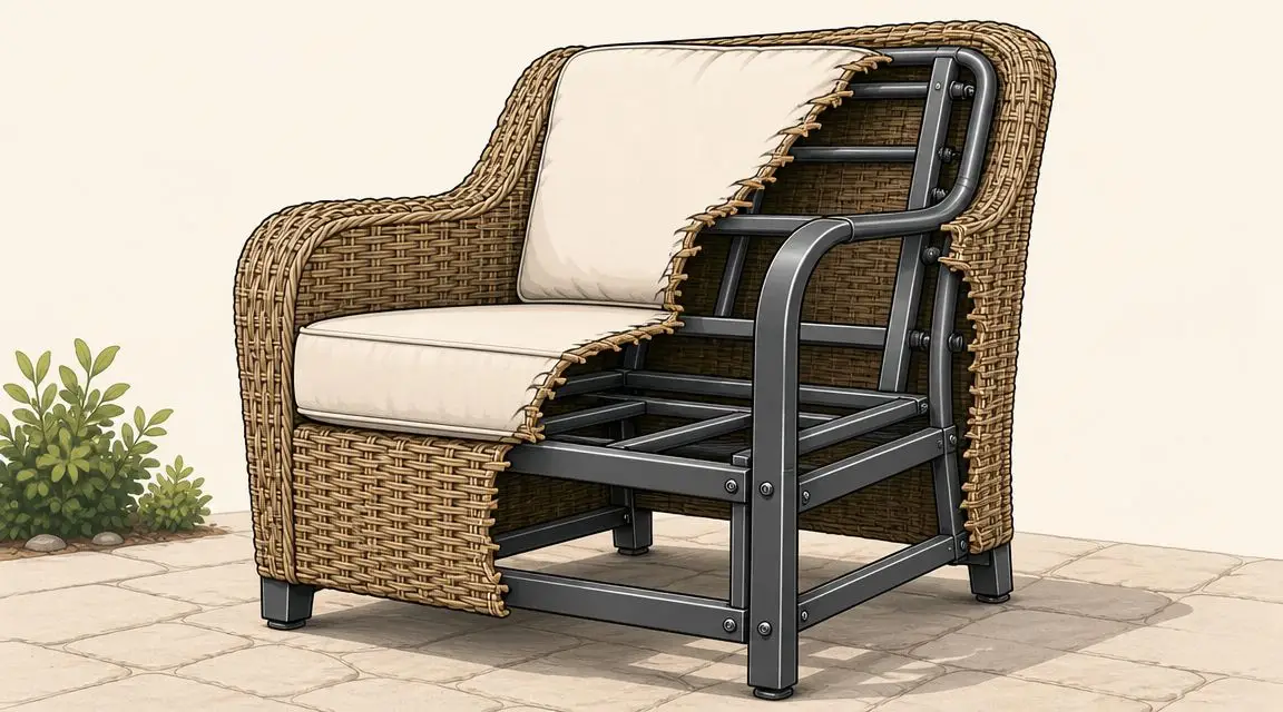 A cutaway view of an outdoor wicker armchair revealing its sturdy metal frame construction design.