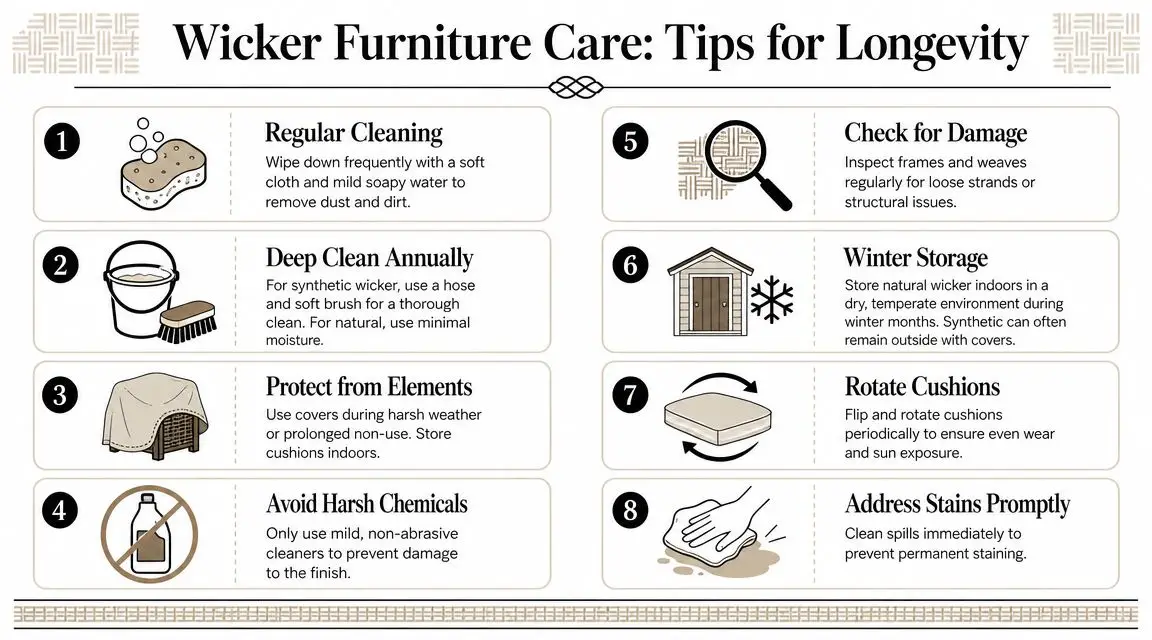An infographic titled Wicker Furniture Care offering eight numbered tips for maintaining and preserving outdoor furniture.