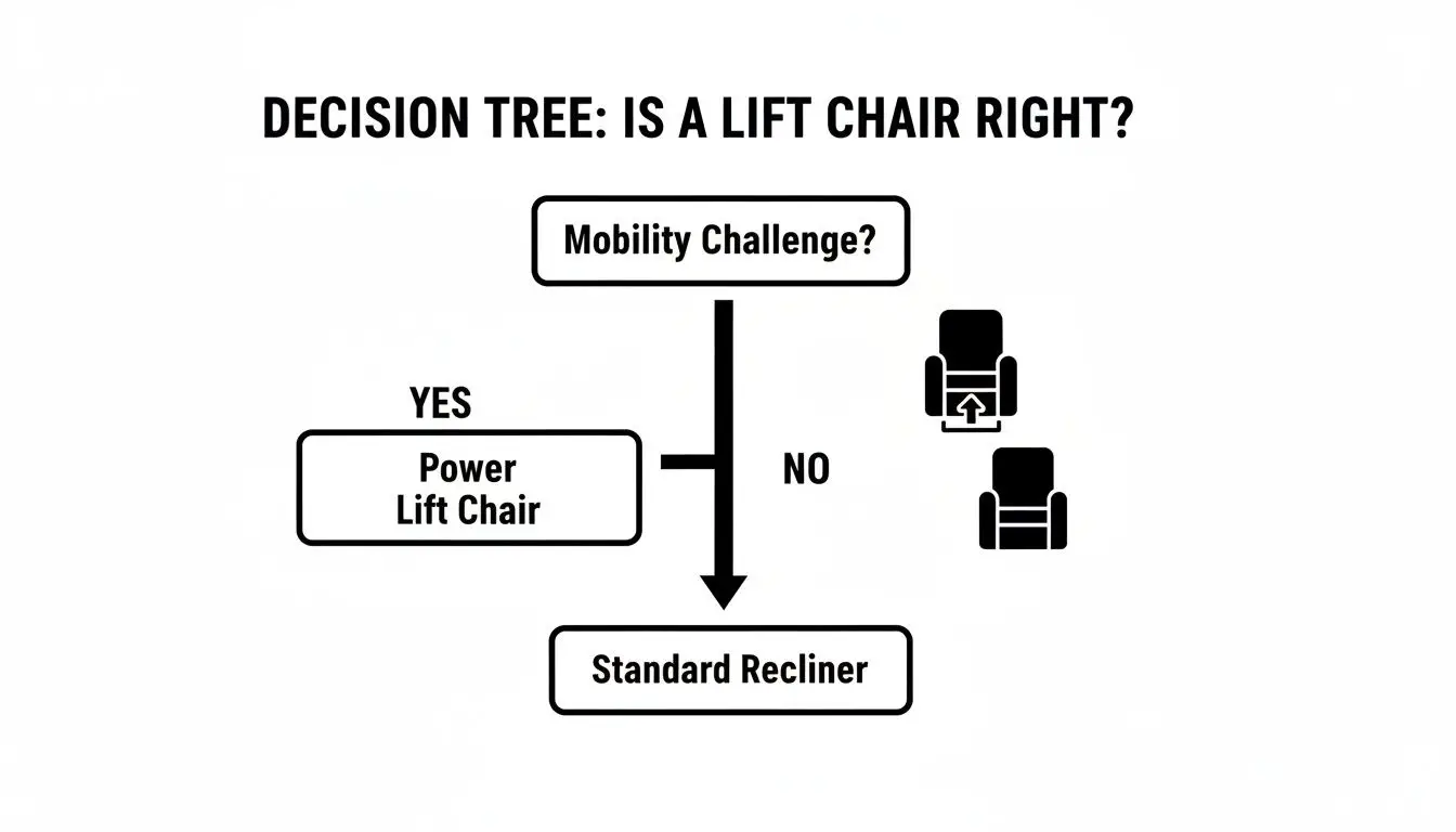 Decision tree flowchart showing that a power lift chair is recommended for mobility challenges, otherwise a standard recliner.