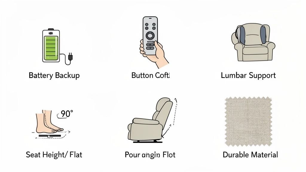 Six icons illustrating key recliner chair features: battery backup, button control, lumbar support, adjustable seat/footrest, reclining function, and durable material.