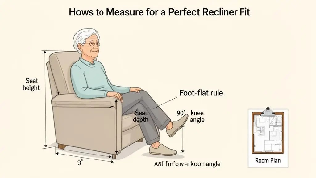 Illustration showing an elderly man sitting in a recliner, demonstrating how to measure for a perfect fit.