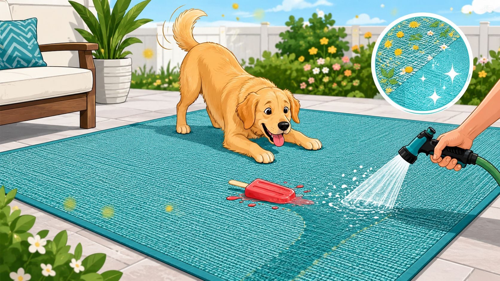 A friendly golden retriever dog plays on a blue green outdoor rug while it is being cleaned.