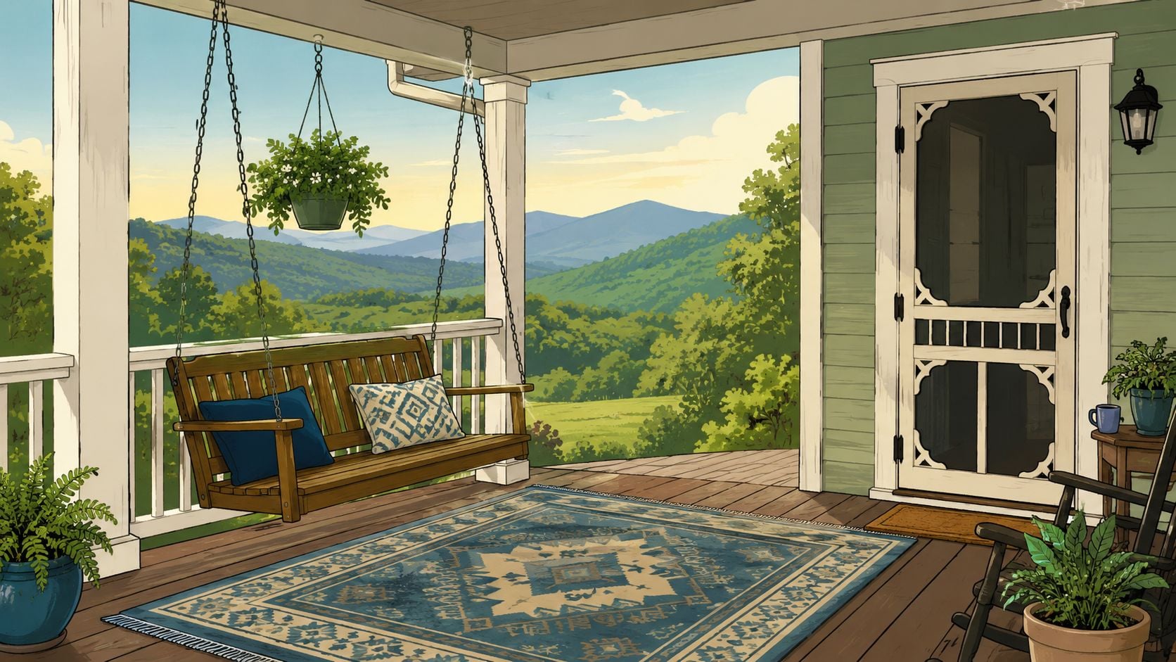 A cozy farmhouse porch with a swinging bench, a patterned blue and green rug, and mountain views.