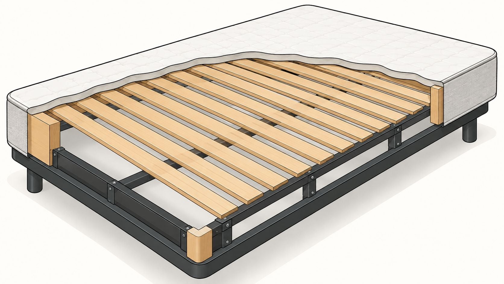 A cutaway view of a mattress resting on a wooden slat bed foundation with a metal frame.