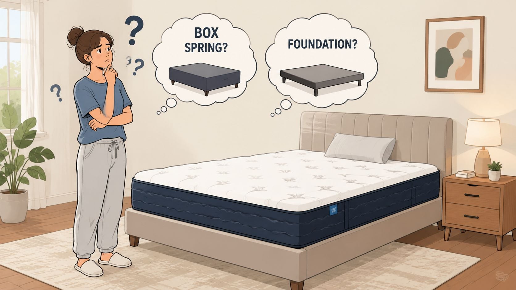 A woman standing in her bedroom looking confused while deciding between a box spring or a foundation.