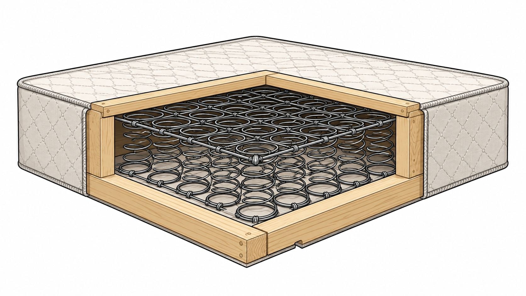 A cutaway illustration of a mattress showing the internal metal coil spring system and wooden support frame.