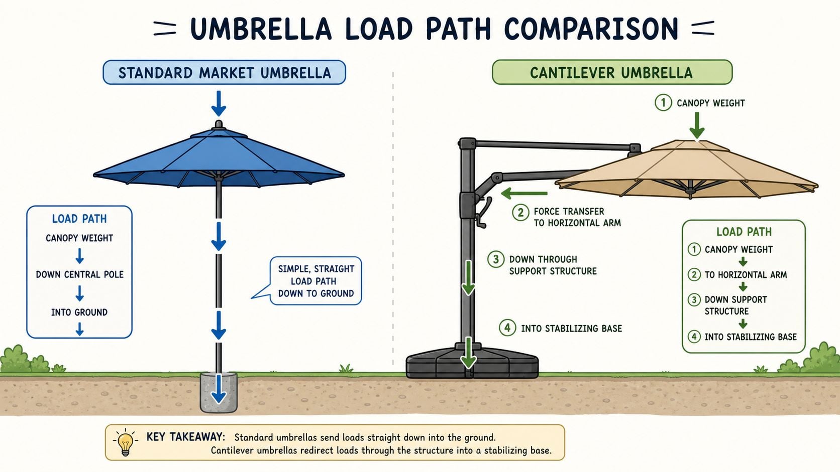 An infographic comparing the load path of a standard market umbrella versus a cantilever umbrella.
