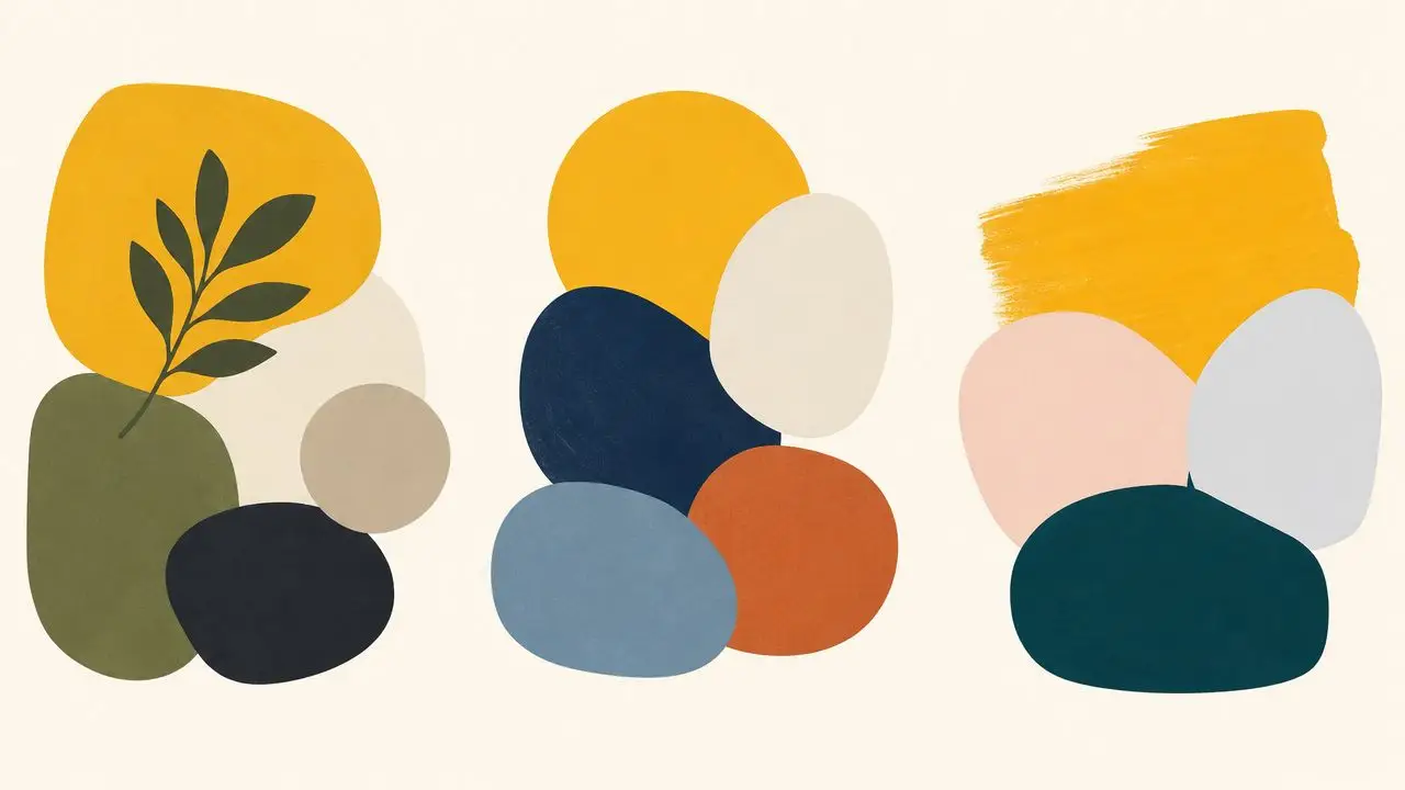 Abstract composition featuring organic shapes and a leaf illustration in yellow, blue, and earth tones.