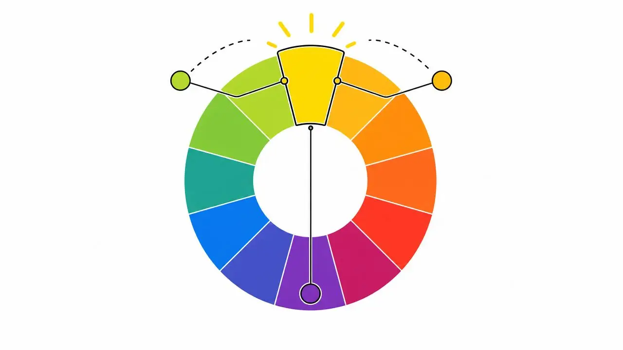 A visual representation of the split-complementary color scheme centered on yellow with its opposing tones.
