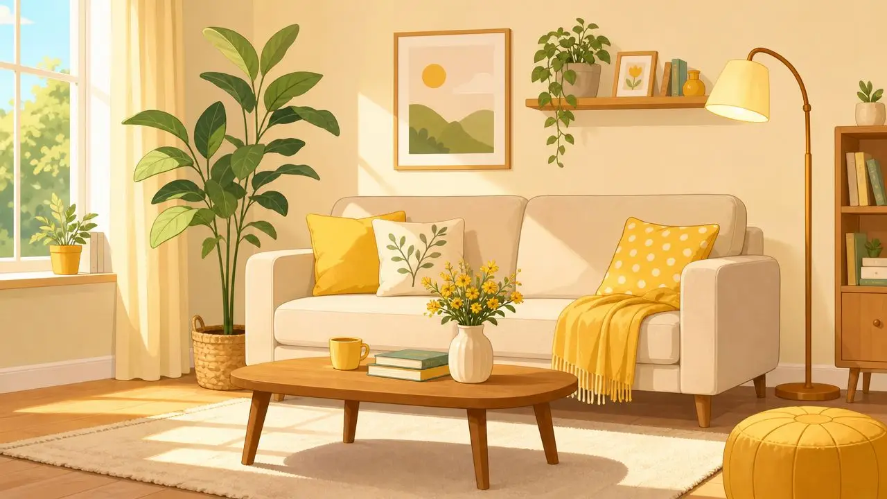 A cozy, sunlit living room featuring a comfortable couch with yellow cushions, indoor plants, and wooden furniture.