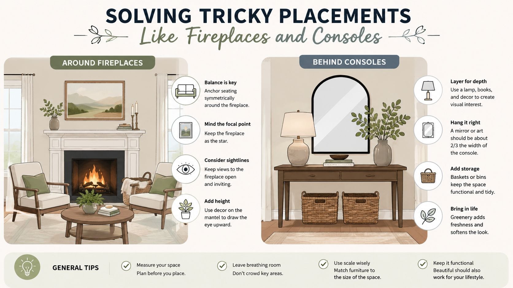 An infographic illustrating interior design tips for styling around fireplaces and behind console tables.