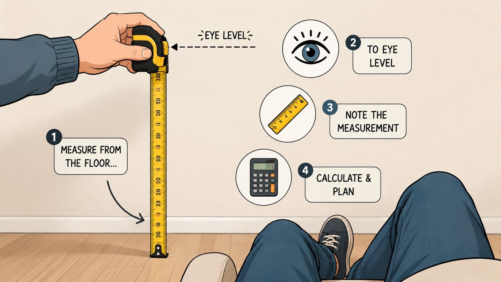 An illustration showing how to measure the correct height for mounting a television at eye level.