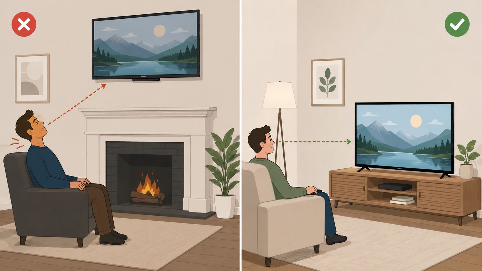 A comparison illustration showing the incorrect high TV placement above a fireplace versus proper eye-level TV viewing height.
